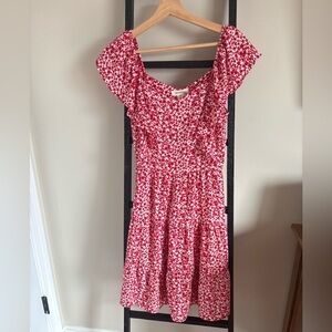Monteau Red and White Floral Flutter Sleeve Dress